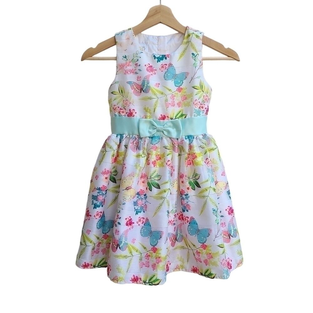 Floral Butterfly Dress with Waist Ribbon and Bow, Size 6